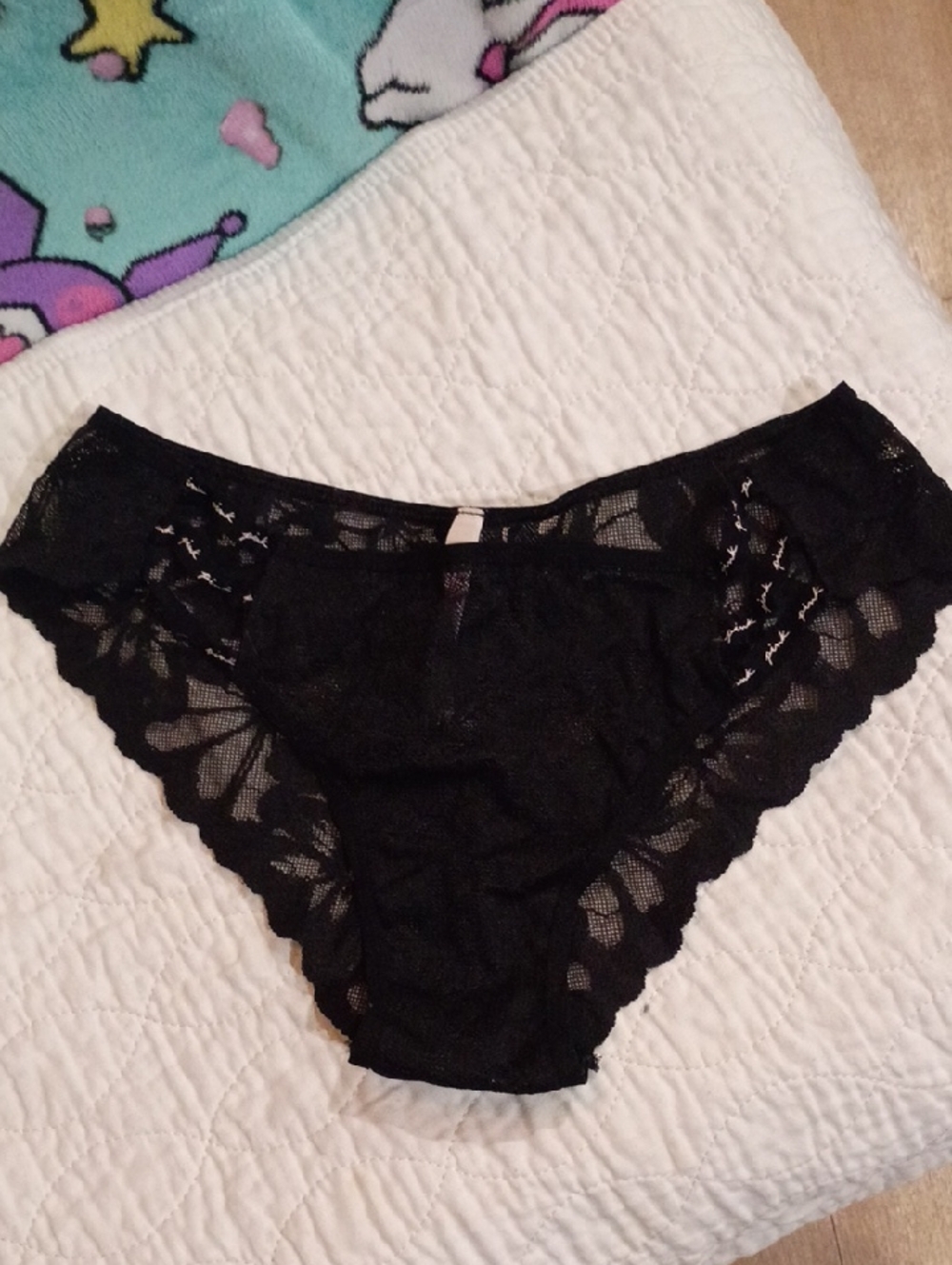 NWOT Victoria's Secret Black Lace Bikini Panty with Floral Sheer Panels